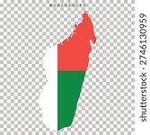 Vector map outline of Madagascar decorated with national flag colors. Editable silhouette isolated on transparent background for travel and geography projects.