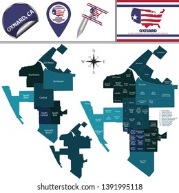 Vector map of Oxnard, California in the United States with named districts and travel icons