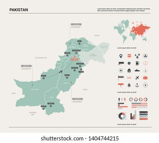 Vector map of Pakistan. Country map with division, cities and capital Islamabad. Political map,  world map, infographic elements.