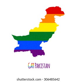 Vector map of Pakistan in LGBT (lesbian, gay, bisexual, and transgender) flag colors and GAY Pakistan caption on white background. Rainbow flag with denim textile texture.