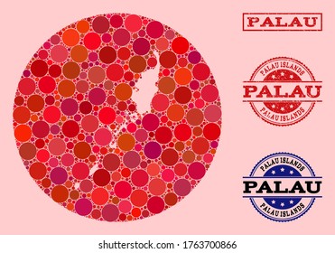 Vector map of Palau Islands collage of round spots and red rubber seal stamp. Hole circle map of Palau Islands collage designed with circles in different sizes, and red shades.