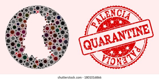 Vector map of Palencia Province collage of SARS virus and red grunge quarantine seal stamp. Infection cells around the isolated territory from out space.