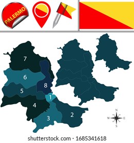Vector map of Palermo, Italy with named subdivisions and travel icons