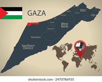 Vector map of palestine and gaza flag Vector illustration