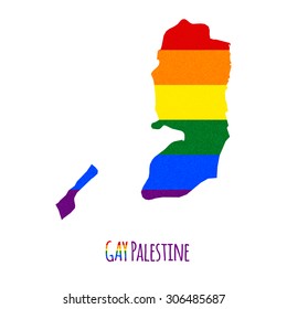 Vector map of Palestine in LGBT (lesbian, gay, bisexual, and transgender) flag colors and GAY Palestine caption on white background. Rainbow flag with denim textile texture.