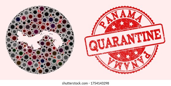 Vector map of Panama collage of covid-2019 virus and red grunge quarantine seal. Infection cells attack the quarantine territory from external zone.