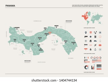 Vector map of Panama. Country map with division, cities and capital. Political map,  world map, infographic elements.