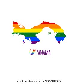 Vector map of Panama in LGBT (lesbian, gay, bisexual, and transgender) flag colors and GAY Panama caption on white background. Rainbow flag with denim textile texture.