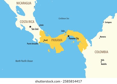 Vector Map of Panama with Major Cities and Neighboring Countries