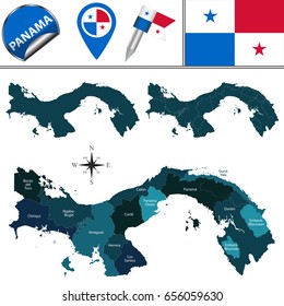 Vector map of Panama with named provinces, comarcas and travel icons