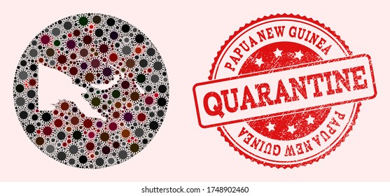 Vector map of Papua New Guinea collage of coronavirus and red grunge quarantine seal. Infection cells around the quarantine territory from out space.
