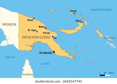Vector Map of Papua New Guinea with Major Cities and Neighboring Countries – Editable Illustration