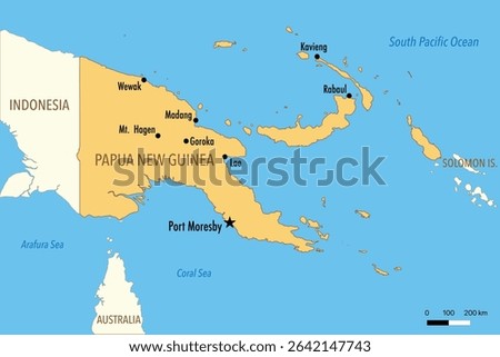Vector Map of Papua New Guinea with Major Cities and Neighboring Countries – Editable Illustration