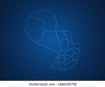 Vector map of Paraguay abstract blue line scales on dark background.