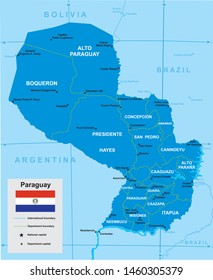 vector map of Paraguay with borders of regions  in blue tones 
