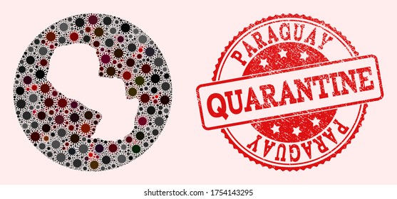 Vector map of Paraguay collage of covid-2019 virus and red grunge quarantine stamp. Infection cells attack the quarantine territory from external zone.