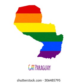 Vector map of Paraguay in LGBT (lesbian, gay, bisexual, and transgender) flag colors and GAY Paraguay caption on white background. Rainbow flag with denim textile texture.