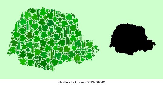 Vector Map of Parana State. Combination of green grapes, wine bottles. Map of Parana State mosaic designed from bottles, grapes, green leaves. Abstract mosaic is designed for alcohol shops agitation.
