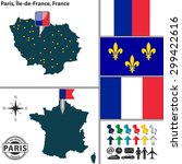 Vector map of Paris in state Ile-de-France with coat of arms and location on France map