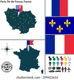 Vector map of Paris in state Ile-de-France with coat of arms and location on France map