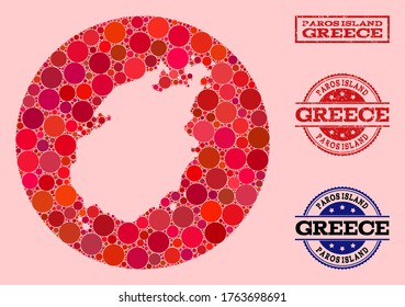 Vector map of Paros Island collage of spheric spots and red rubber seal. Hole circle map of Paros Island collage created with circles in different sizes, and red shades.