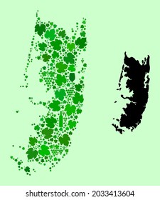 Vector Map of Pemba Island. Collage of green grape leaves, wine bottles. Map of Pemba island mosaic designed with bottles, berries, green leaves.