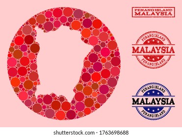 Vector map of Penang Island collage of round blots and red scratched seal stamp. Stencil round map of Penang Island collage composed with circles in various sizes, and red color tints.