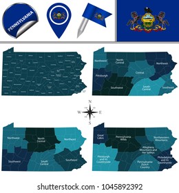 Vector map of Pennsylvania with named regions and travel icons