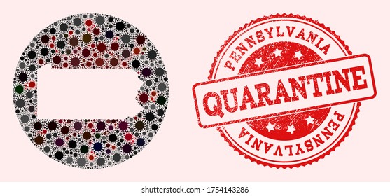 Vector map of Pennsylvania State collage of SARS virus and red grunge quarantine stamp. Infection cells around the quarantine territory from outside.