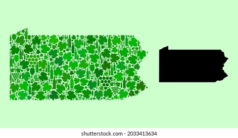 Vector Map of Pennsylvania State. Composition of green grape leaves, wine bottles. Map of Pennsylvania State collage created with bottles, grapes, green leaves.