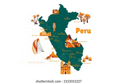 Vector map of Peru. Attraction. Historical places. Tourism. Cities. Guide. South America. Andean Mountains. Cordillera. Lima. Machu Picchu. Sacred Valley of the Incas. Titicaca. Amazonia. Nazca.