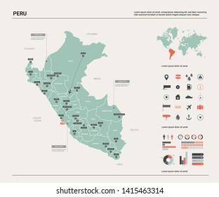 Vector map of Peru. Country map with division, cities and capital Lima. Political map,  world map, infographic elements.