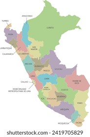 Vector map of Peru with departments, provinces and administrative divisions. Editable and clearly labeled layers.