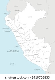 Vektorplan von Peru mit Abteilungen, Provinzen und Verwaltungsabteilungen und Nachbarländern. Bearbeitbare und deutlich gekennzeichnete Schichten.