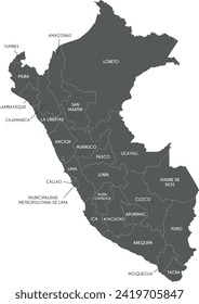 Vector map of Peru with departments, provinces and administrative divisions. Editable and clearly labeled layers.