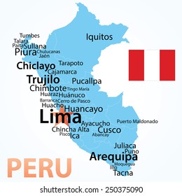 Vector map of Peru with largest cities. Carefully scaled text by city population. 