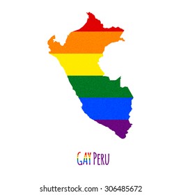 Vector map of Peru in LGBT (lesbian, gay, bisexual, and transgender) flag colors and GAY Peru caption on white background. Rainbow flag with denim textile texture.