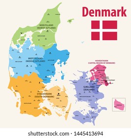 vector map pf Denmark provinces colored by regions with main cities on it