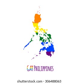 Vector map of Philippines in LGBT (lesbian, gay, bisexual, and transgender) flag colors and GAY Philippines caption on white background. Rainbow flag with denim textile texture.