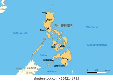 Vector Map of the Philippines with Major Cities and Neighboring Countries – Editable Illustration