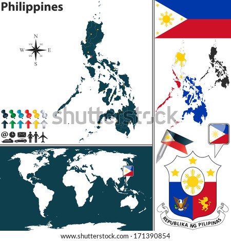 Vector map of Philippines with regions, coat of arms and location on world map