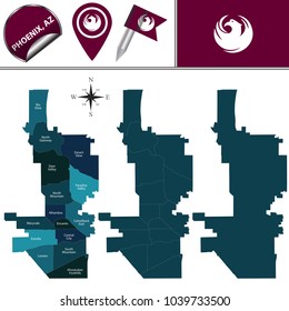 Vector map of Phoenix with named neighborhoods and travel icons