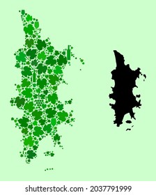 Vector Map of Phuket. Composition of green grape leaves, wine bottles. Map of Phuket collage designed from bottles, grapes, green leaves. Abstract collage is designed for bars promotion.