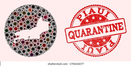 Vector map of Piaui State collage of coronavirus and red grunge quarantine seal. Infection cells attack the quarantine territory from outside.