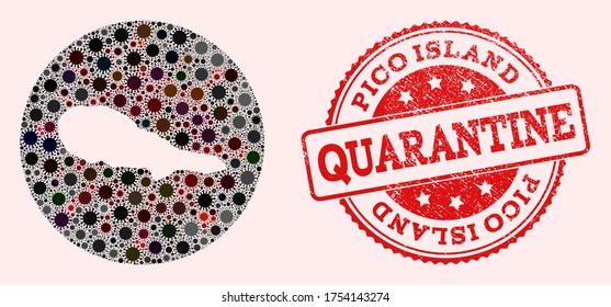 Vector map of Pico Island collage of flu virus and red grunge quarantine seal stamp. Infection cells attack the isolated territory from external zone.
