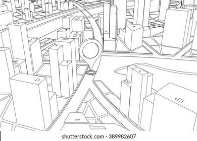 Vector map pin pointer. 3D city.