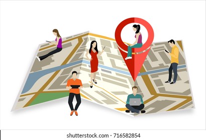 Vector map with Pin Pointer. Young people using mobile gadgets such as smarthone, tablet pc and laptop to be use the navigation application. Flat vector illustration.