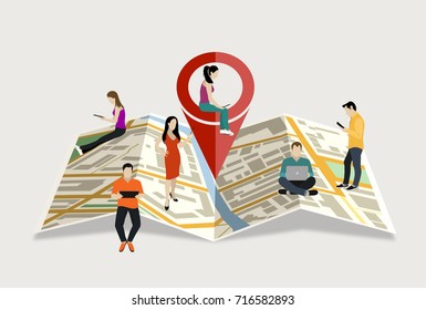 Vector map with Pin Pointer. Young people using mobile gadgets such as smarthone, tablet pc and laptop to be use the navigation application. Flat vector illustration.