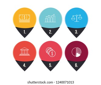 Vector map pins with business icons on it. For business templates or as a part of the map. Collection of bright color infographic pins. Thin outline modern style icons.