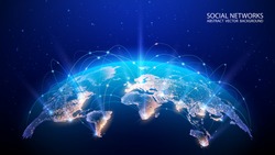 Вектор. Карта планеты. Карта мира. Глобальная социальная сеть. Будущее. Синий футуристический фон с планетой Земля. Интернет и технологии. Плавающий геометрический фон синего сплетения.  